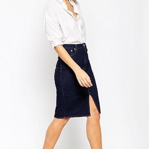 Asos dark wash denim pencil skirt slit